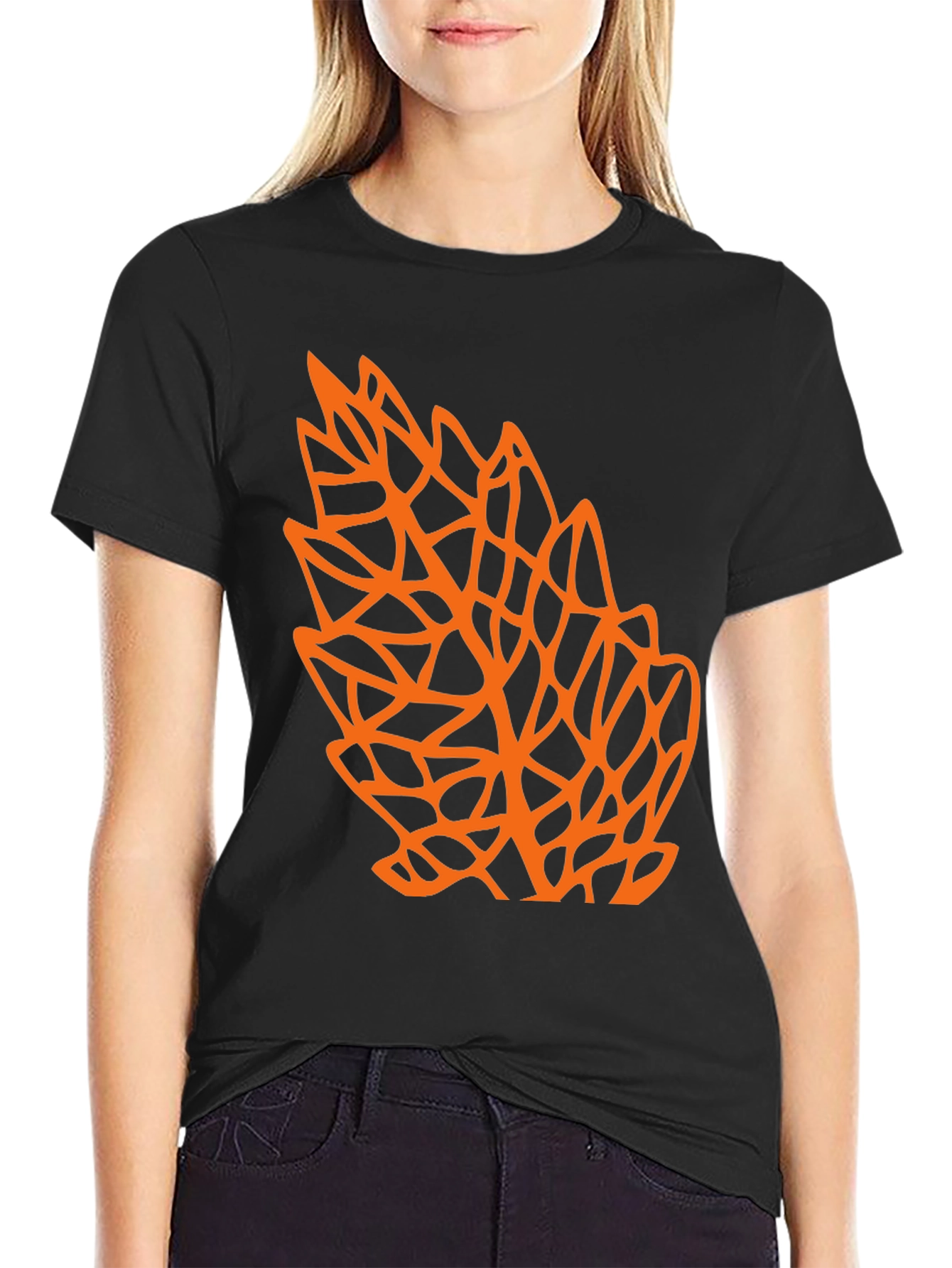 Geometric Orange Leaf Graphic Black T-Shirt
