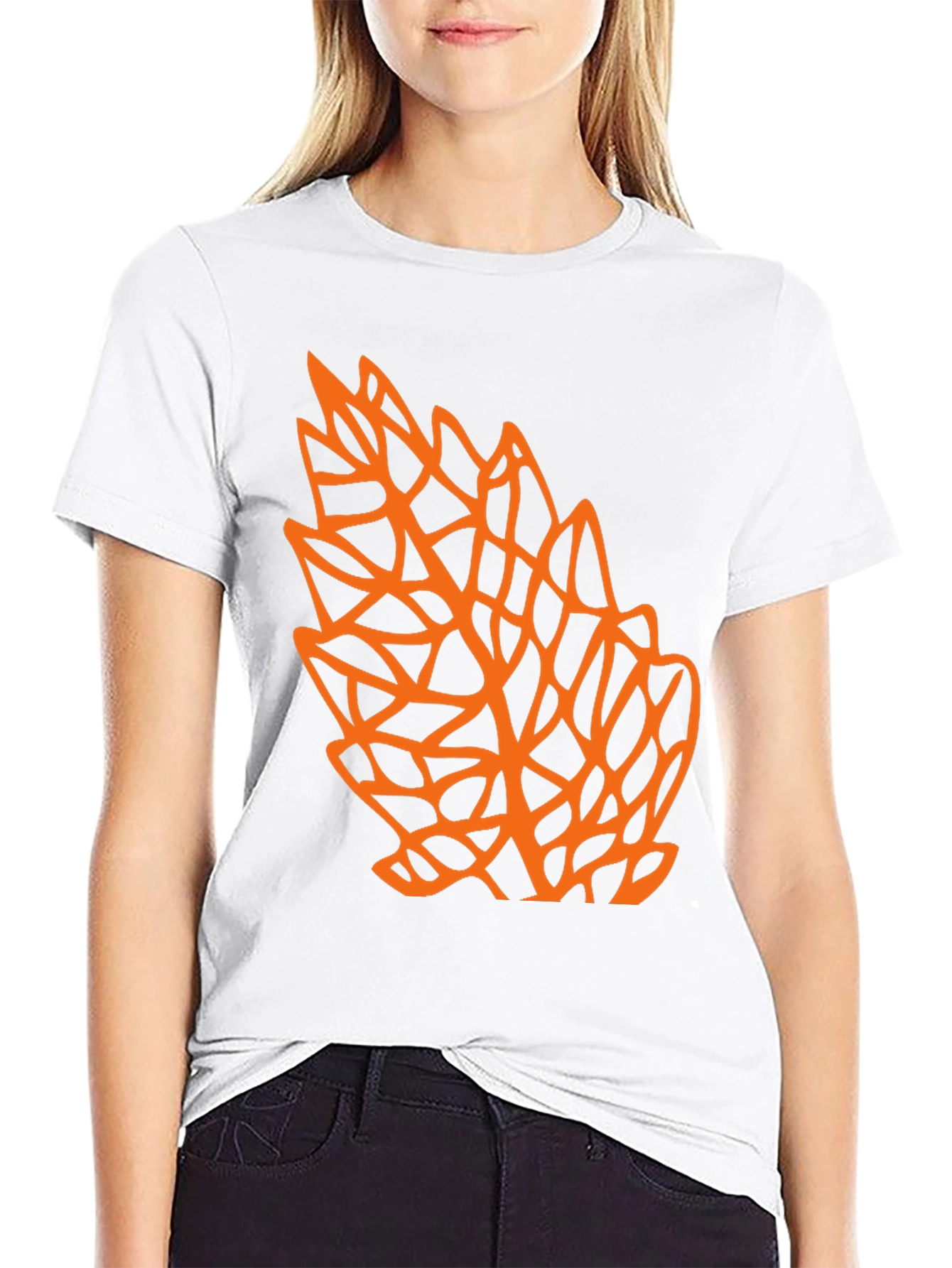 Geometric Orange Leaf Graphic Black T-Shirt