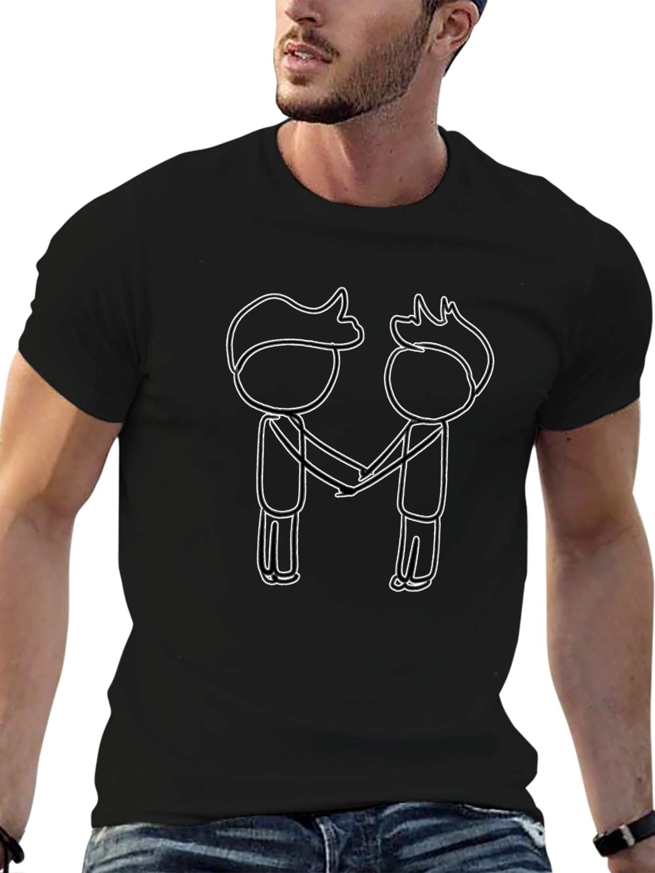 Black T-Shirt with Stick Figure Handshake Design