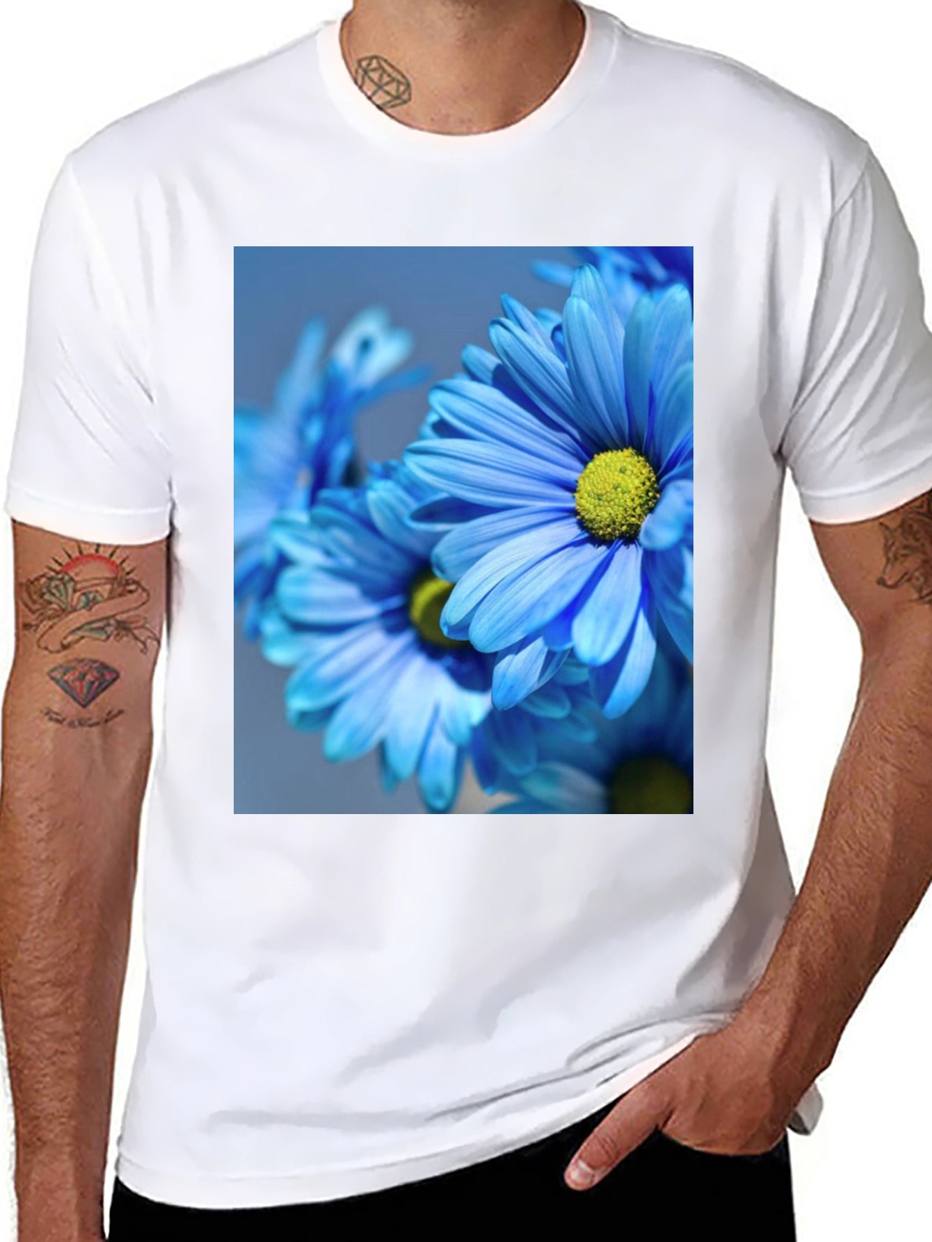 Floral Black T-Shirt: Blue Daisy Design