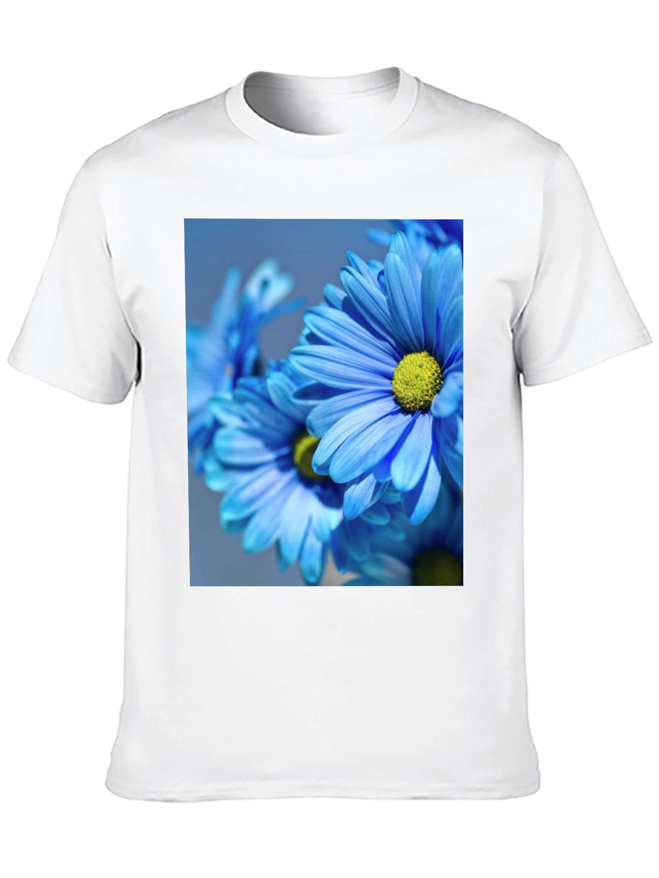 Floral Black T-Shirt: Blue Daisy Design