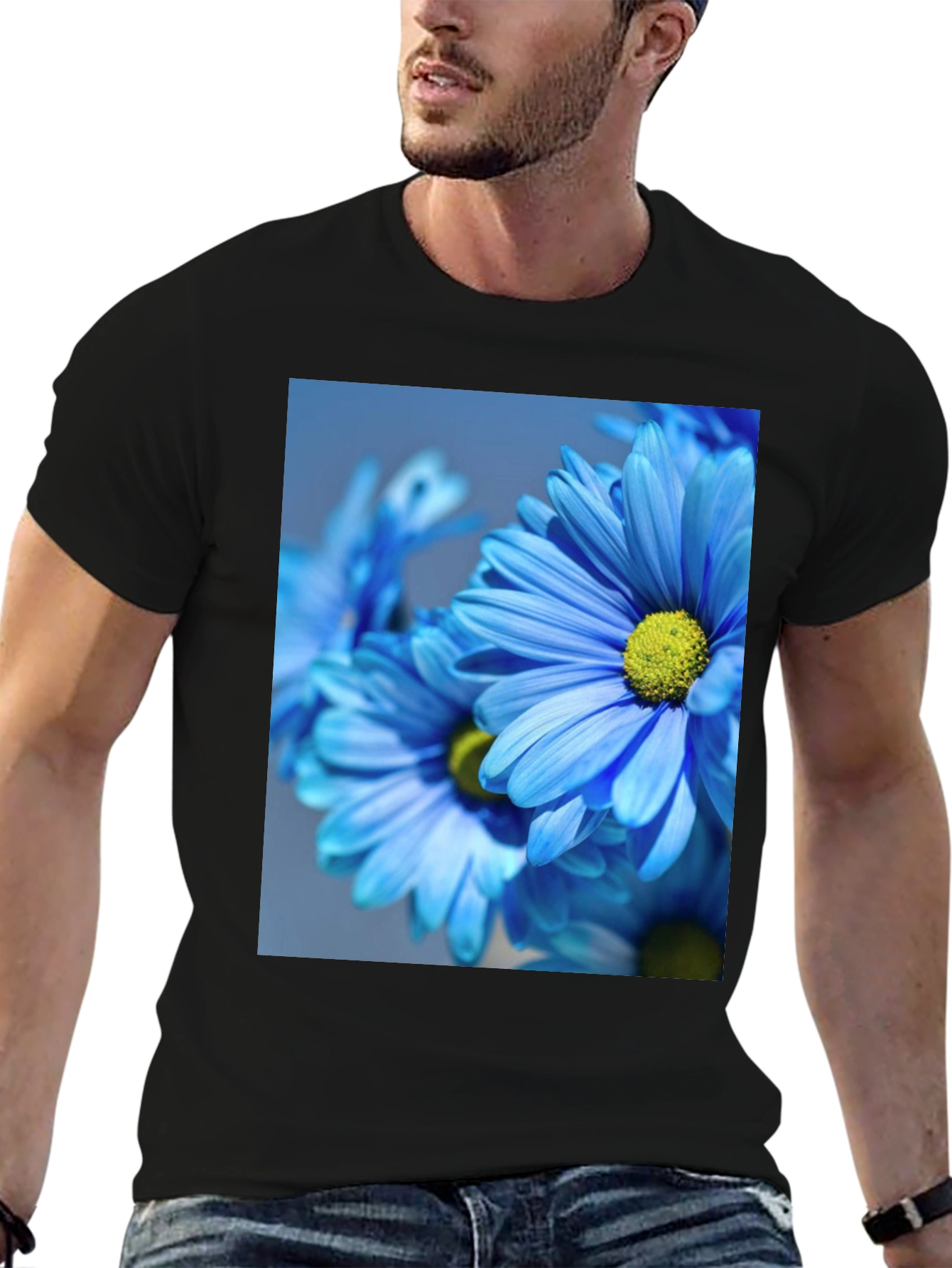 Floral Black T-Shirt: Blue Daisy Design