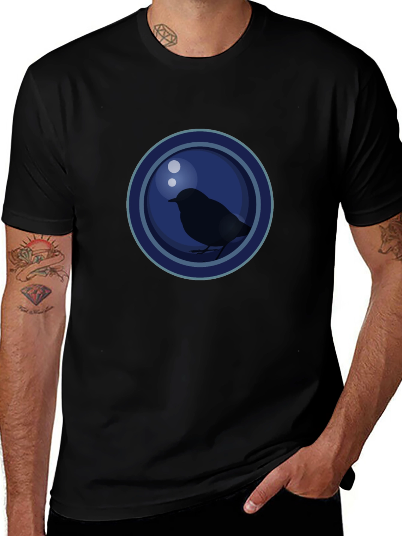 Stylish Bird Graphic T-Shirt - Dark Blue Circle Design