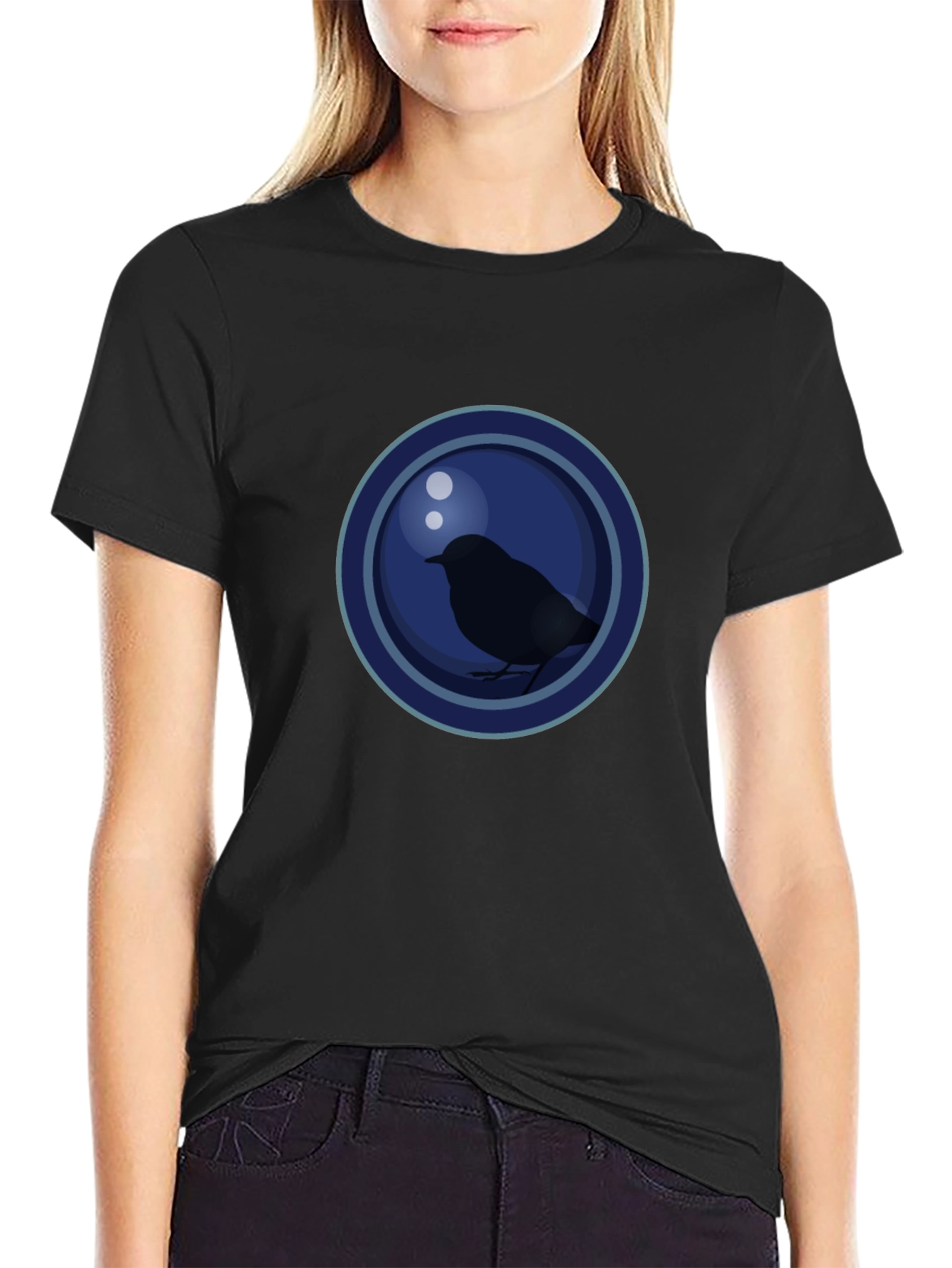 Stylish Bird Graphic T-Shirt - Dark Blue Circle Design