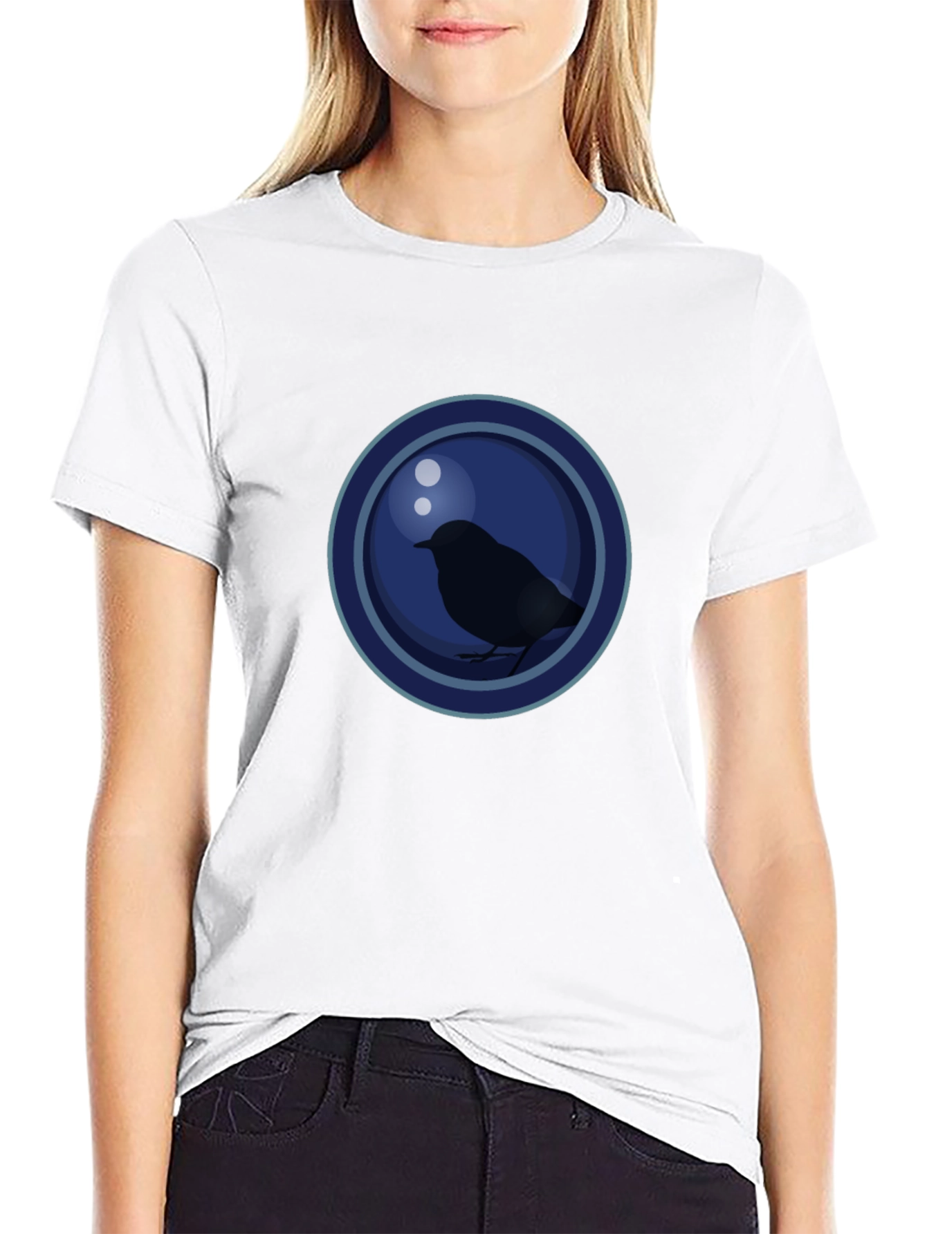 Stylish Bird Graphic T-Shirt - Dark Blue Circle Design