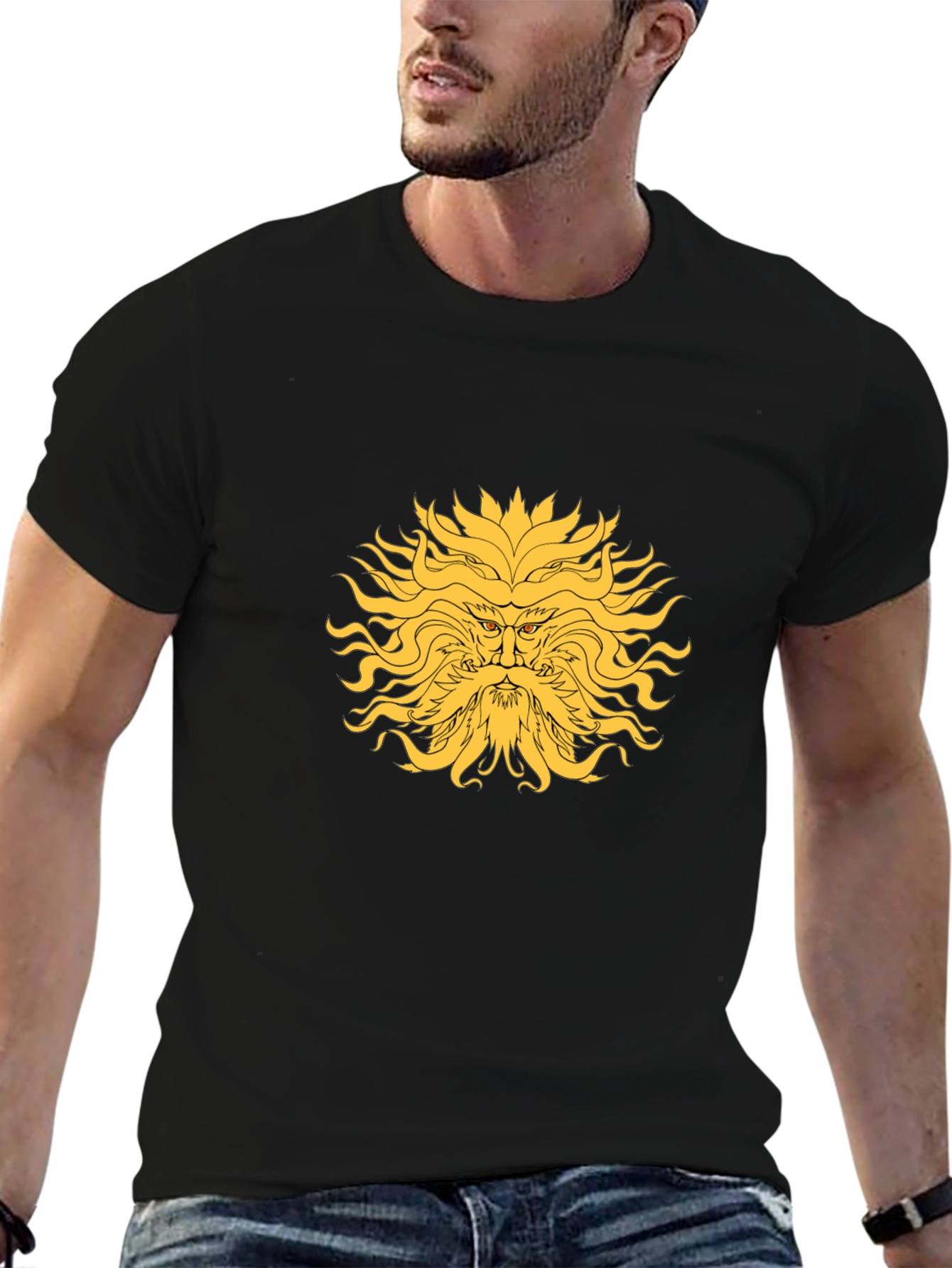 Sun God Graphic Tee - Black Cotton Blend T-Shirt
