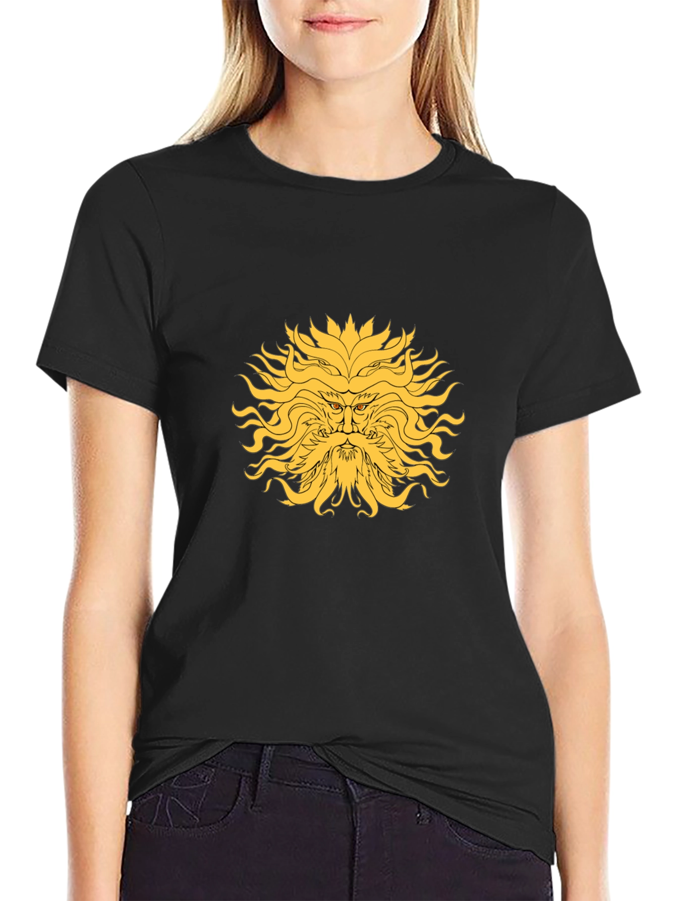 Sun God Graphic Tee - Black Cotton Blend T-Shirt