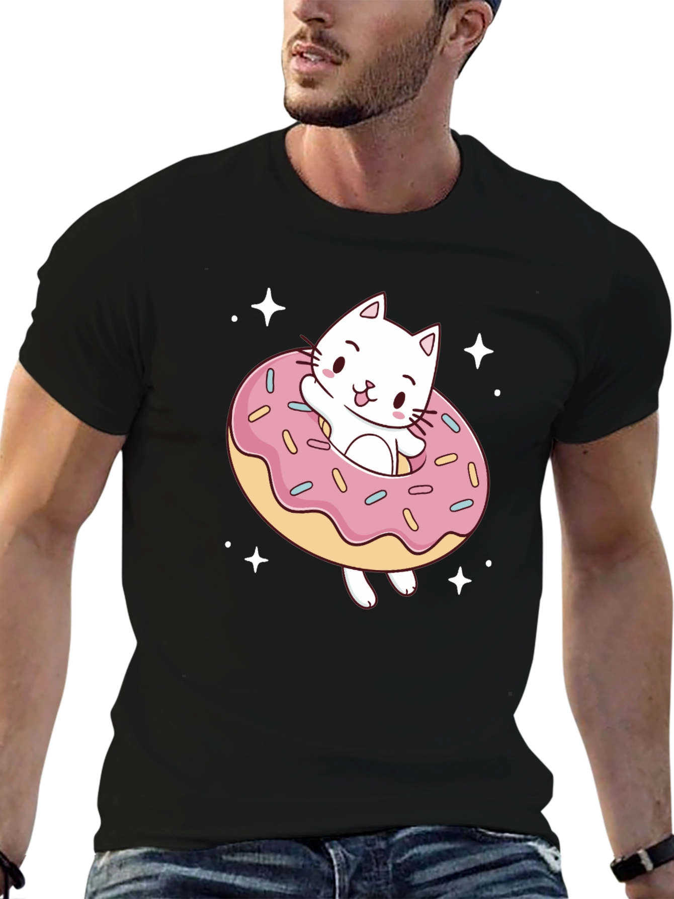 Cat Donut Graphic Tee - Black Cotton T-Shirt