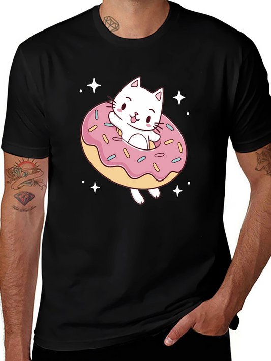 Cat Donut Graphic Tee - Black Cotton T-Shirt