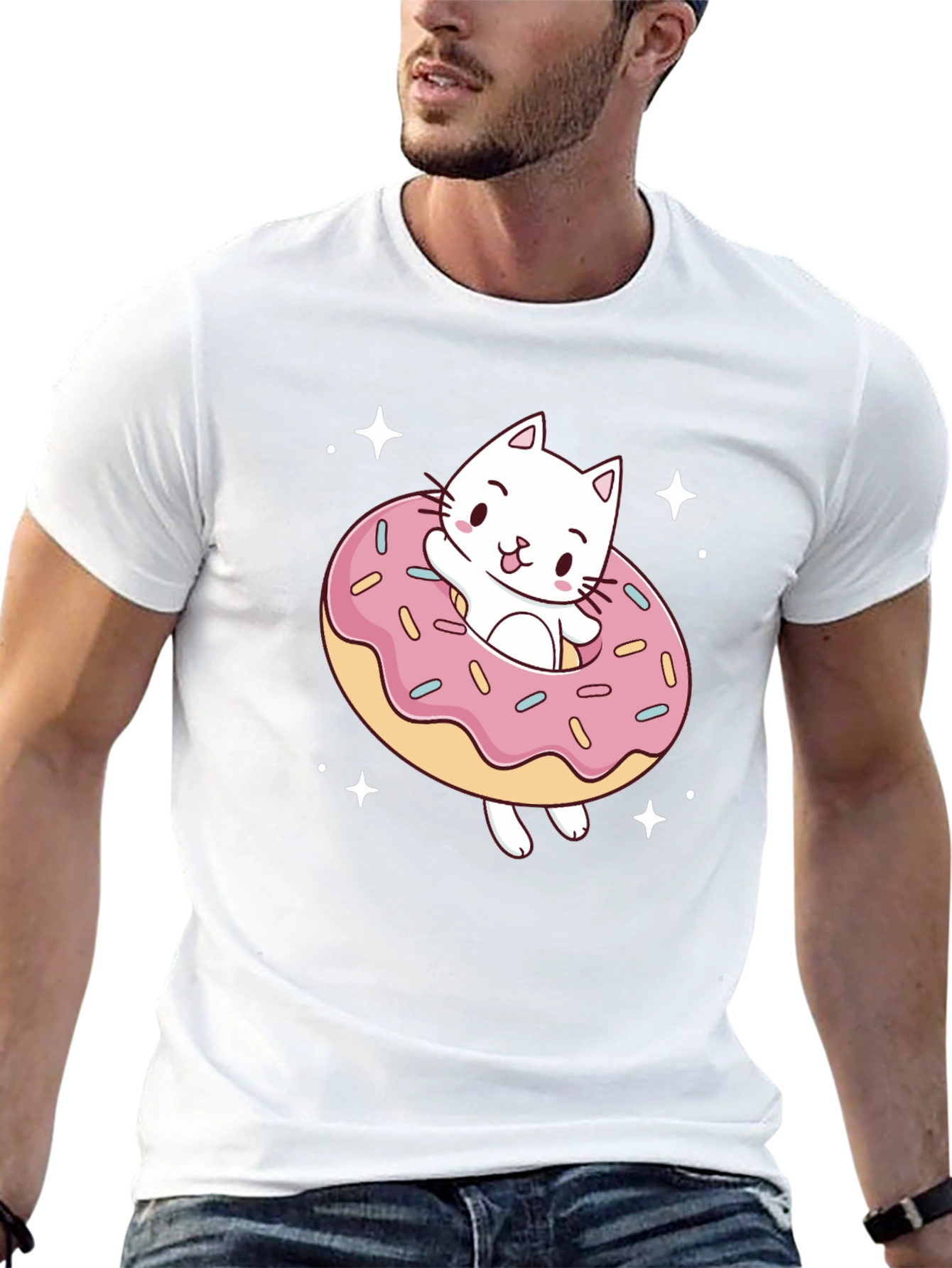 Cat Donut Graphic Tee - Black Cotton T-Shirt