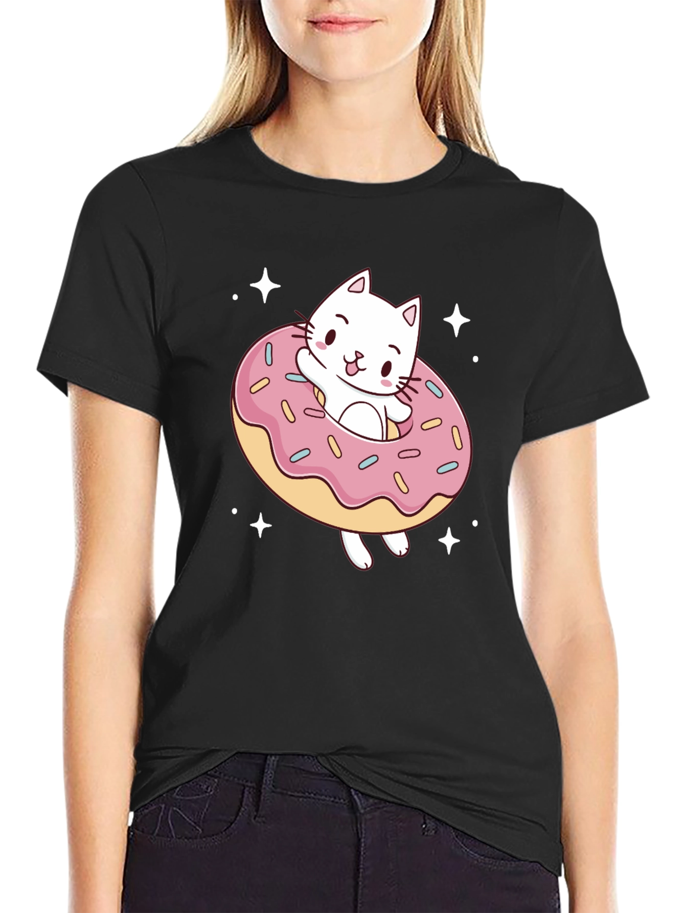 Cat Donut Graphic Tee - Black Cotton T-Shirt