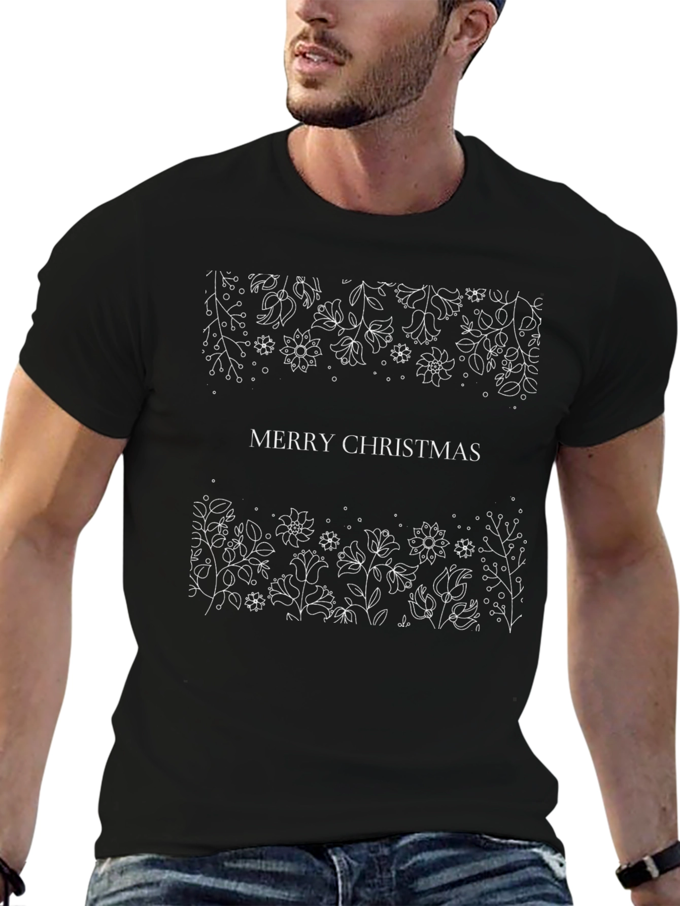 Merry Christmas Floral Graphic Tee - Black