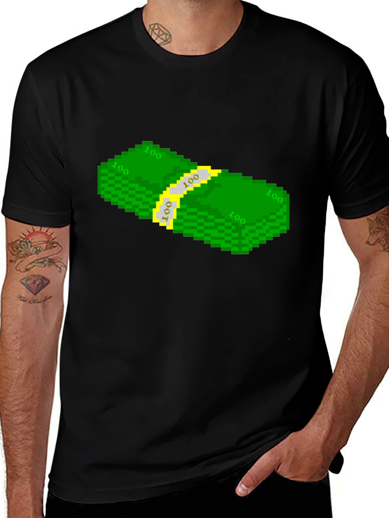 Pixelated Money Stack Graphic Tee - Black T-Shirt