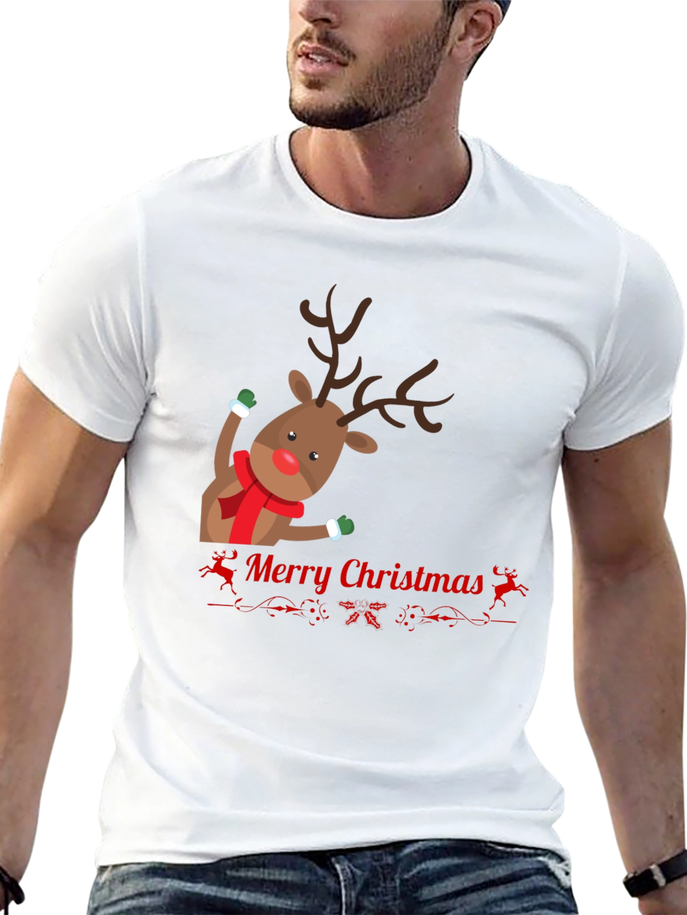 Festive Reindeer Merry Christmas Black T-shirt
