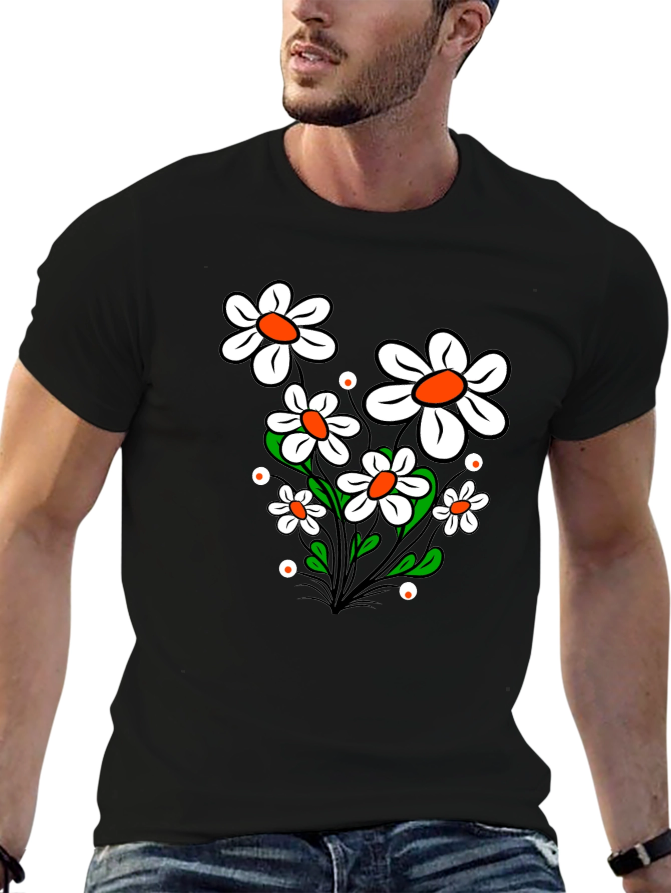 Daisy Flower Graphic Tee - Black Cotton T-Shirt
