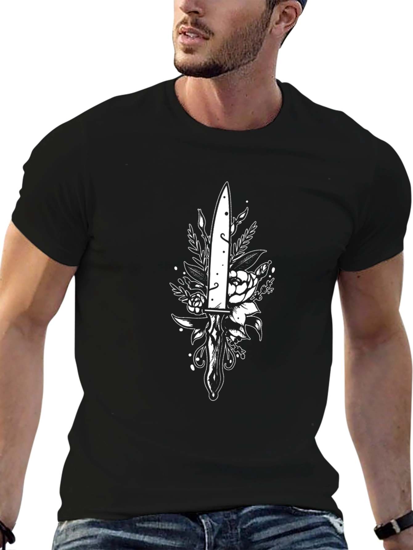 Dagger & Floral Print Black T-Shirt