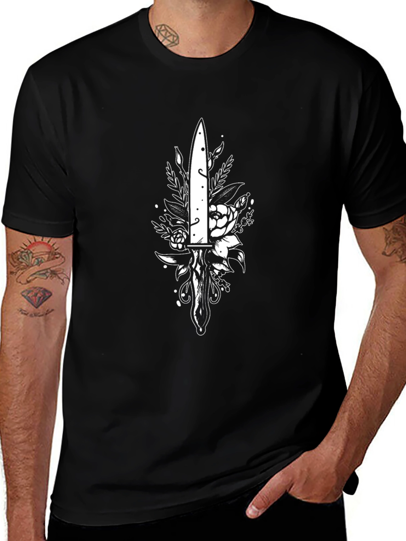 Dagger & Floral Print Black T-Shirt