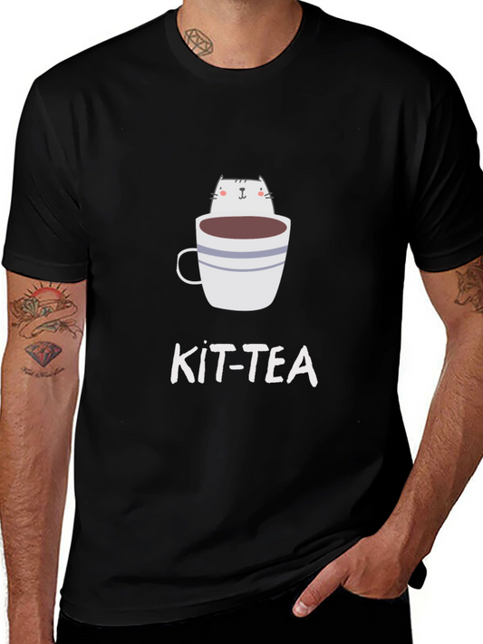 Kit-Tea Black T-Shirt - Cat in Cup
