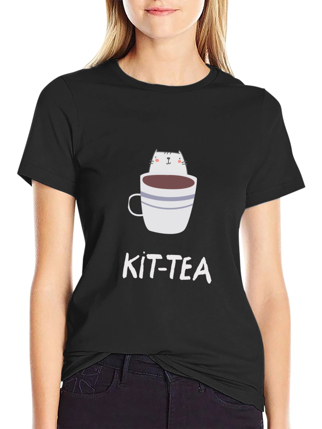 Kit-Tea Black T-Shirt - Cat in Cup