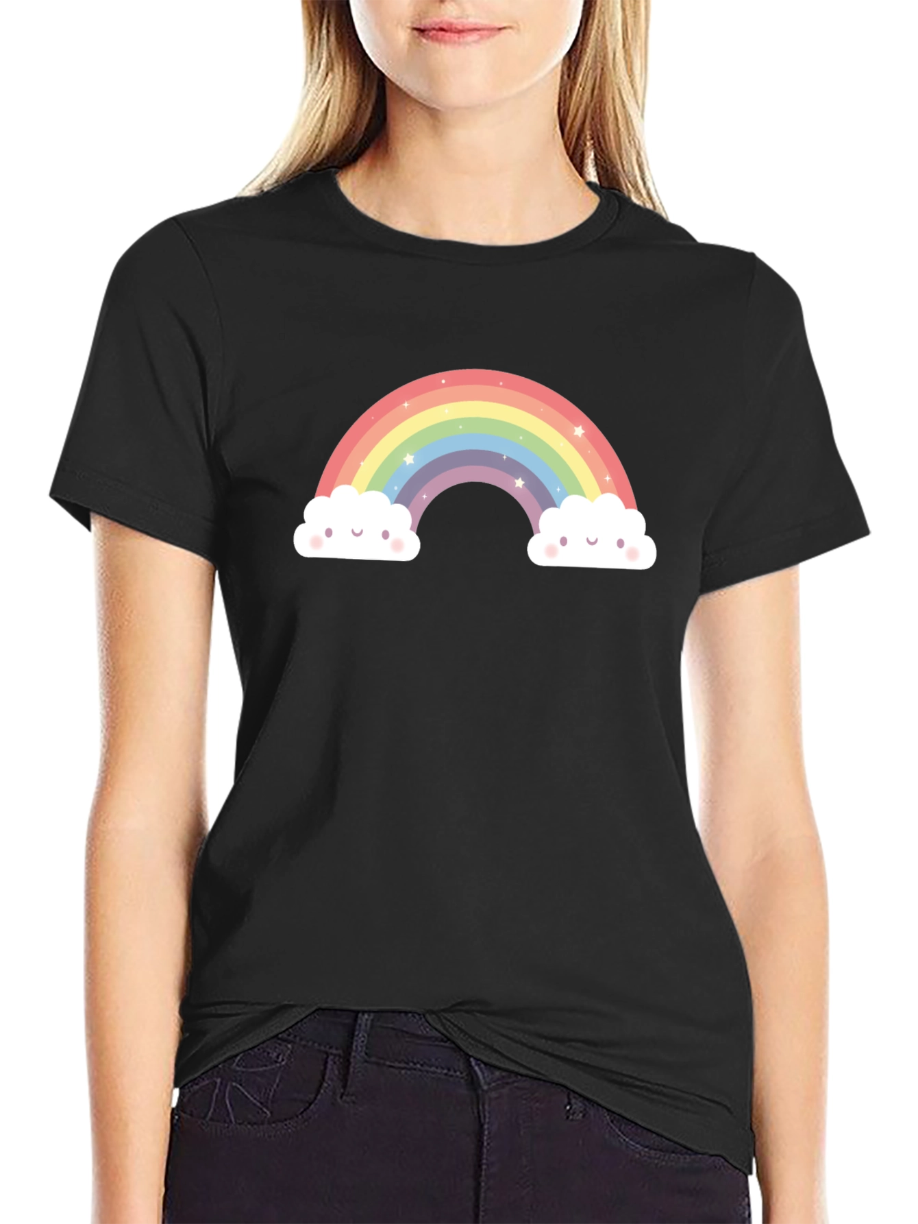 Rainbow Clouds Graphic Tee - Black Cotton Comfort