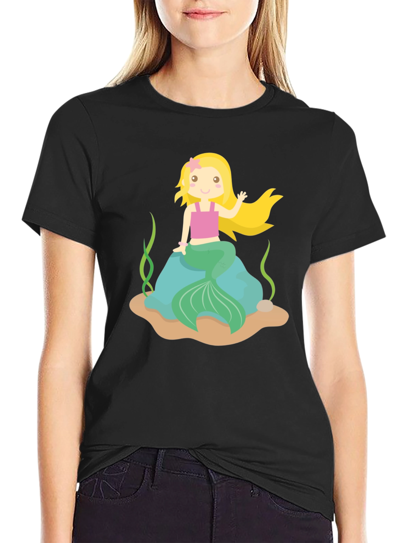 Mermaid Graphic Tee - Black Cotton Shirt