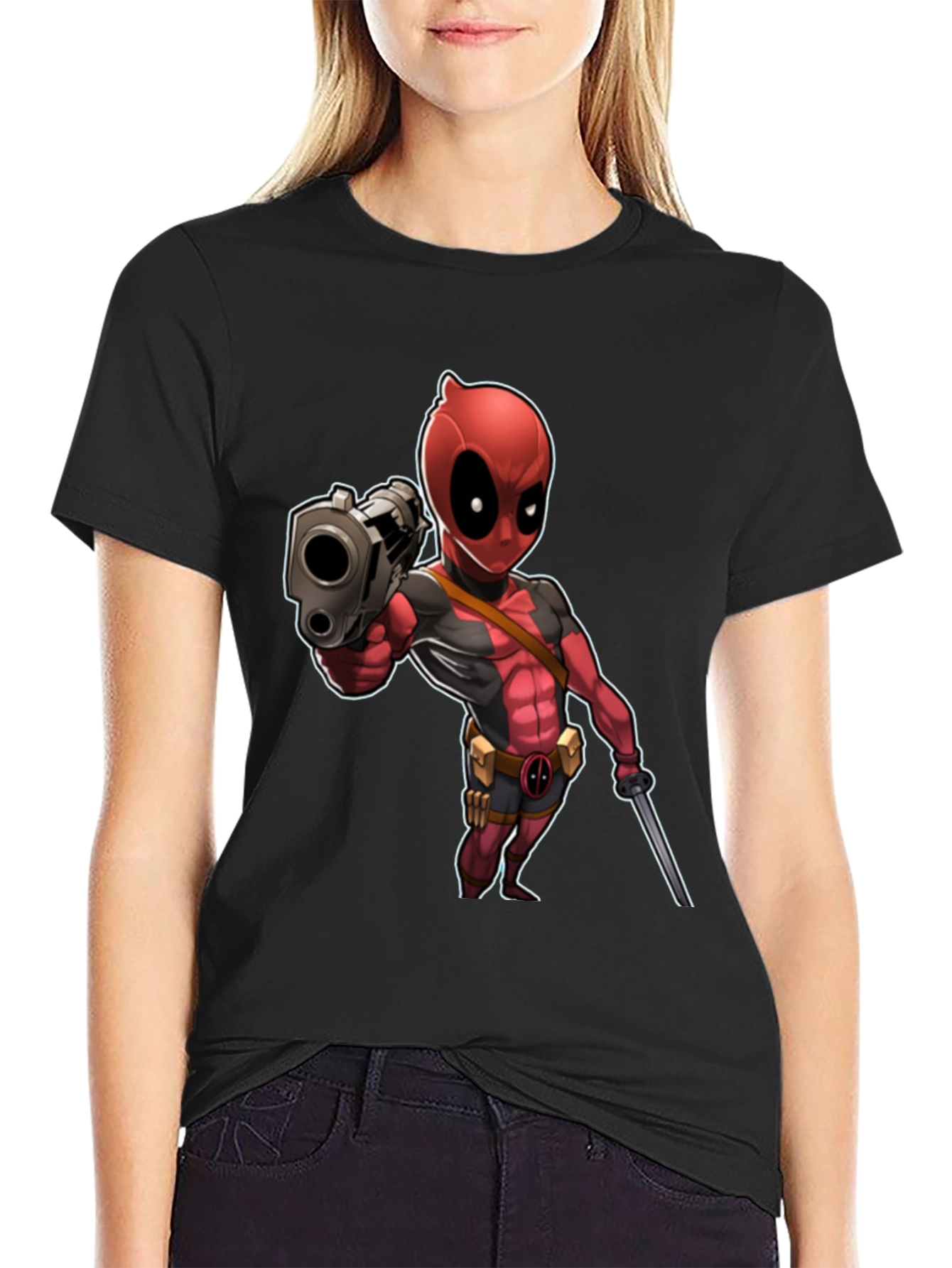 Deadpool Cartoon Graphic Print Black T-Shirt