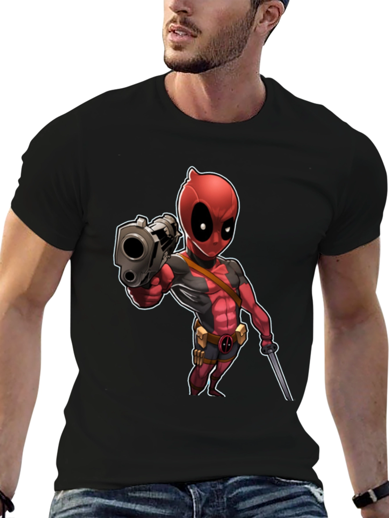 Deadpool Cartoon Graphic Print Black T-Shirt