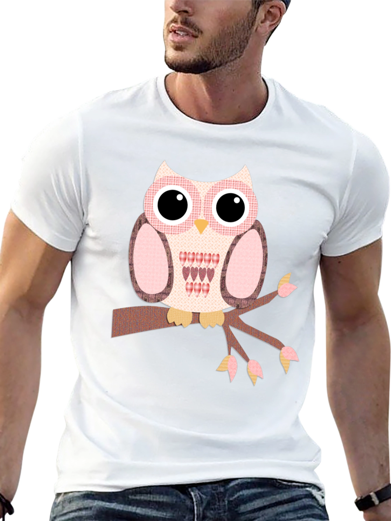 Owl Graphic T-Shirt - Cute Bird on Branch Design