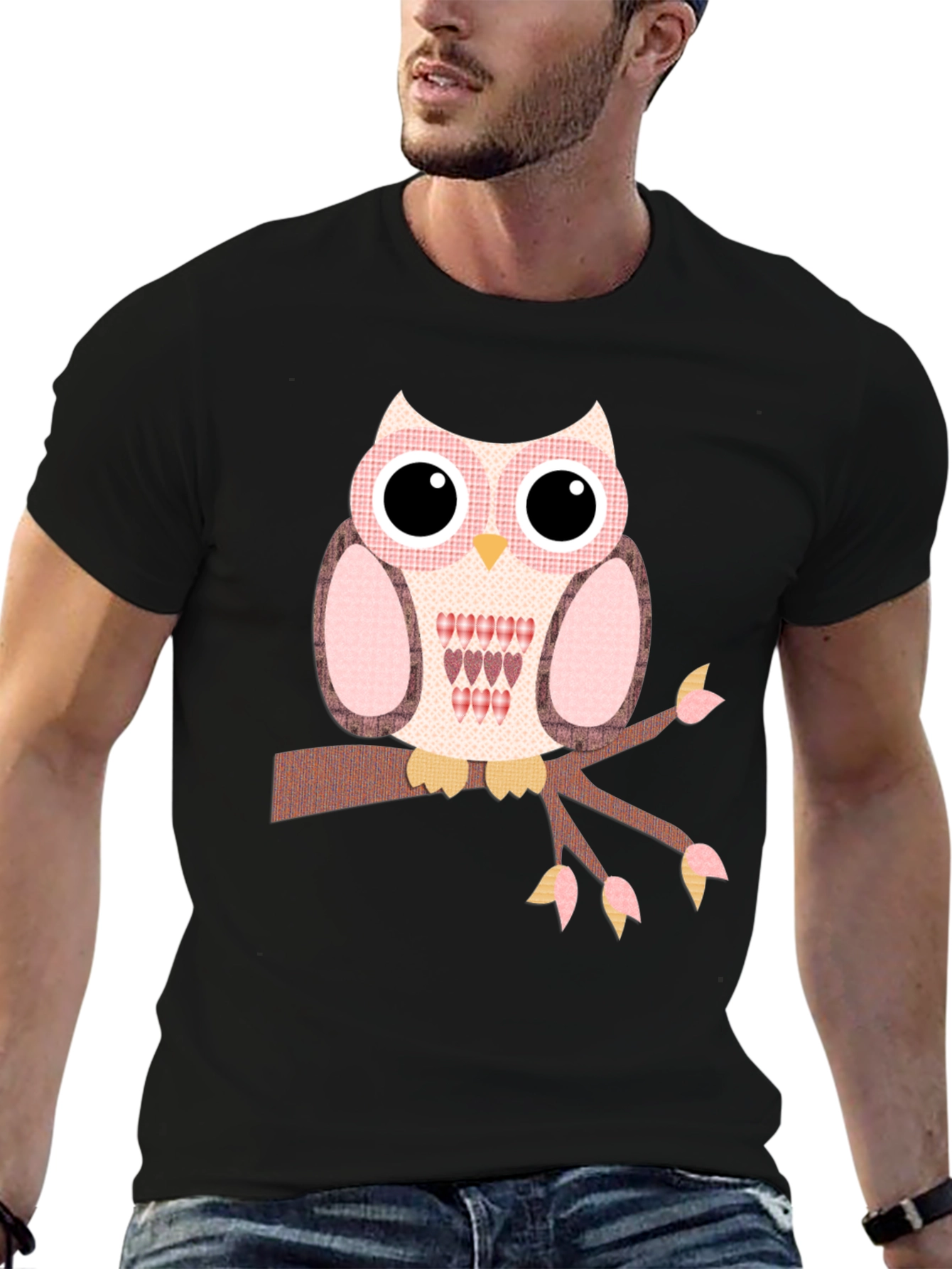 Owl Graphic T-Shirt - Cute Bird on Branch Design