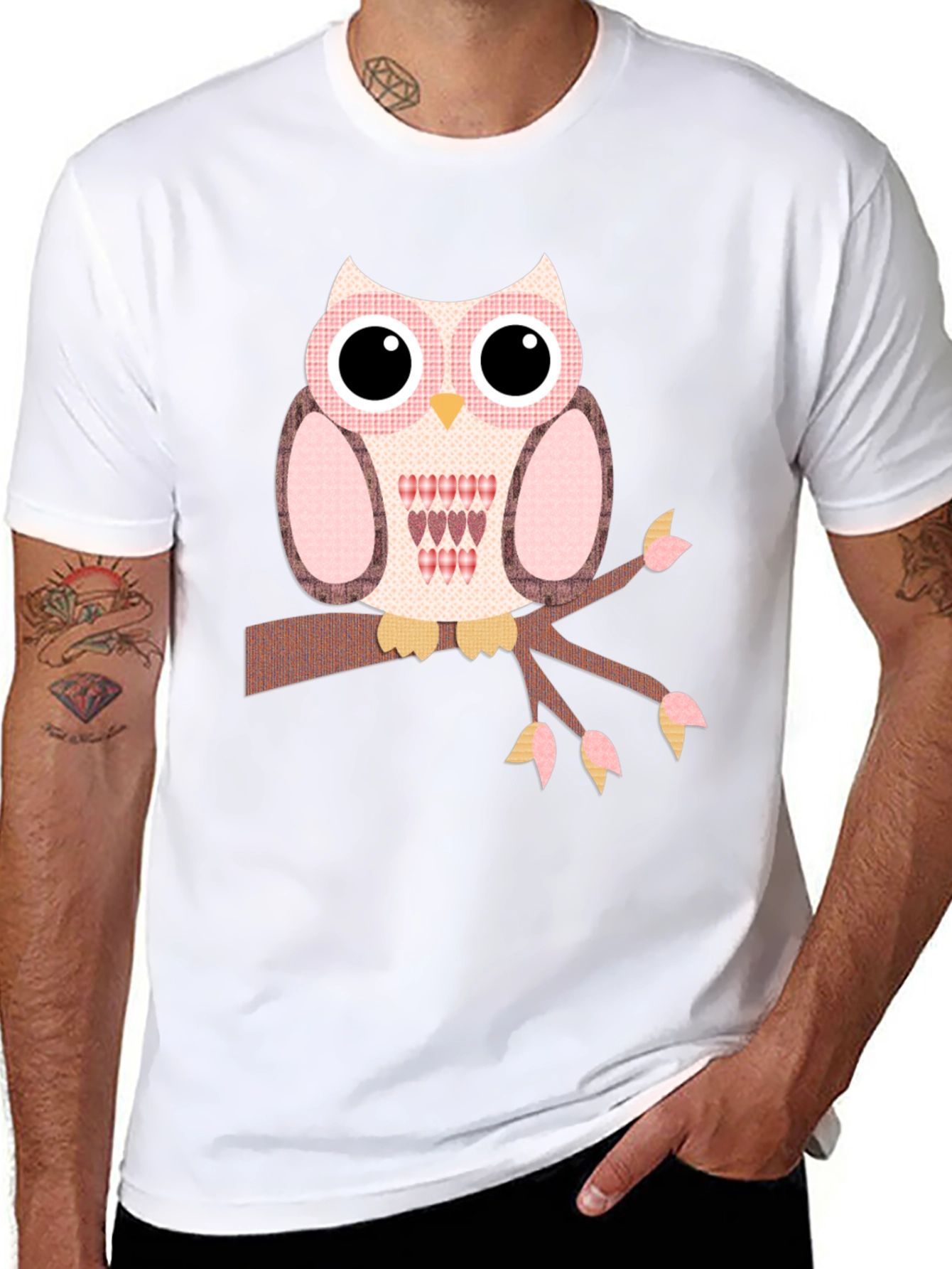 Owl Graphic T-Shirt - Cute Bird on Branch Design