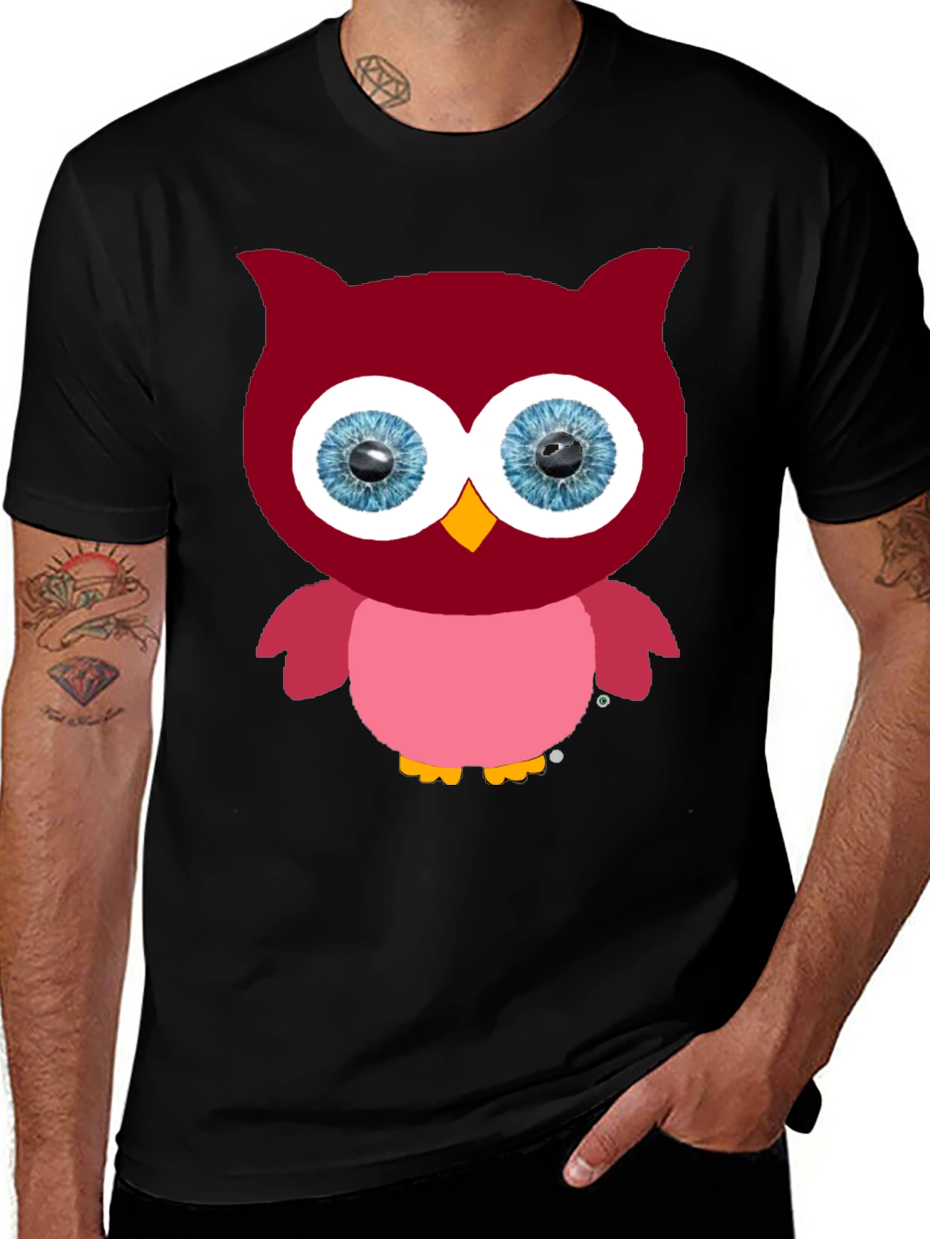 Cartoon Owl Graphic Tee - Black Cotton Blend