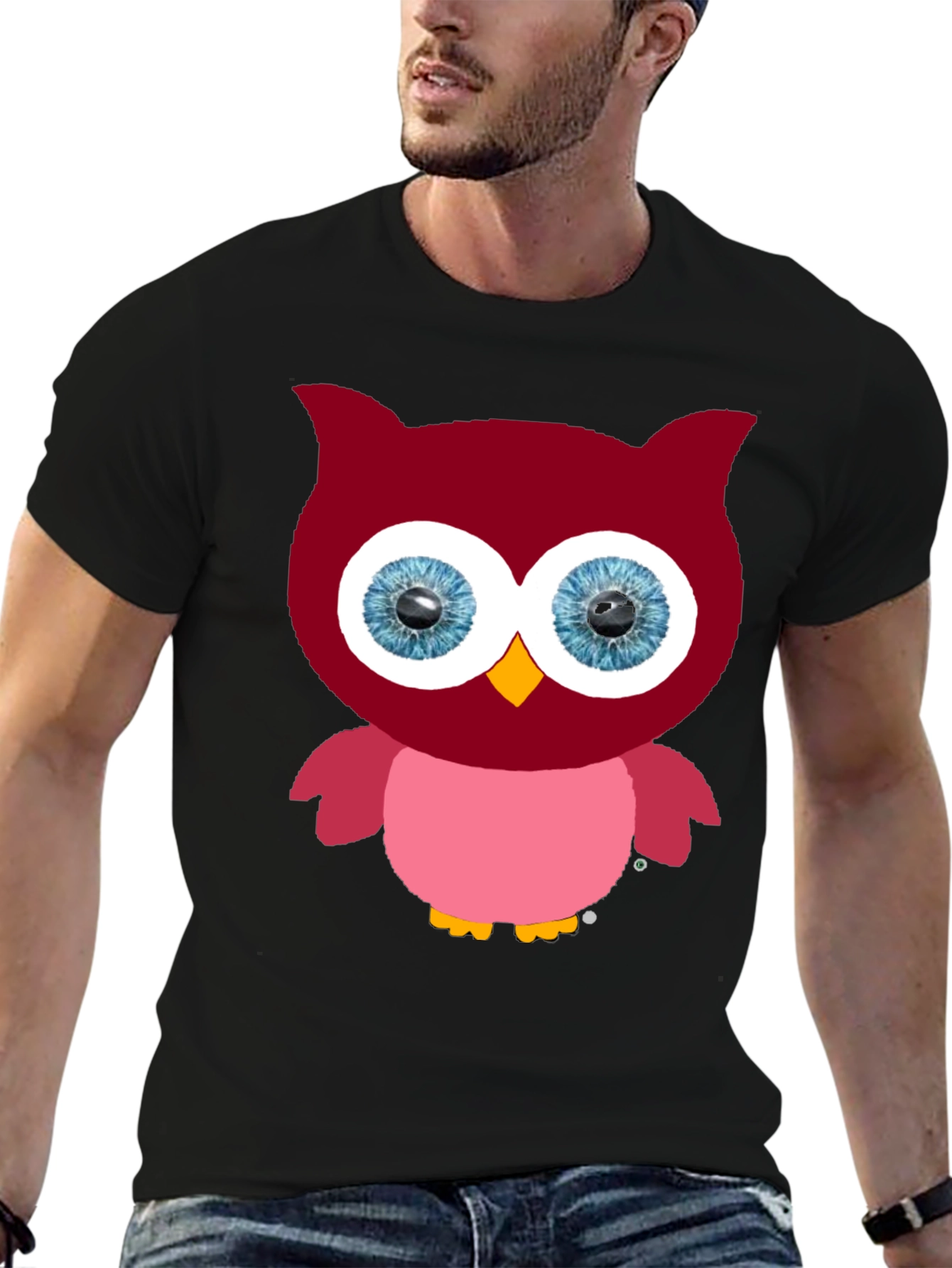 Cartoon Owl Graphic Tee - Black Cotton Blend