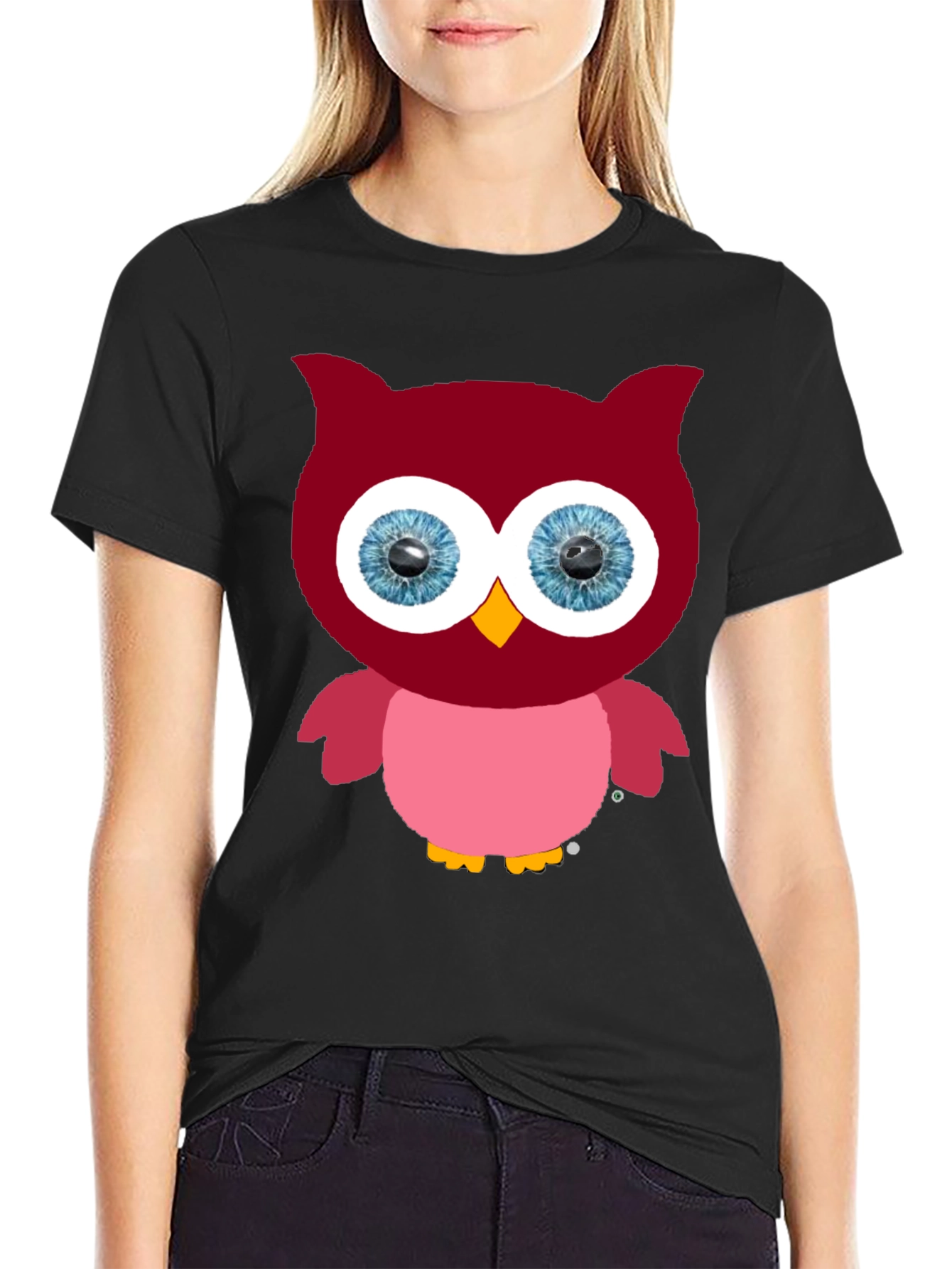 Cartoon Owl Graphic Tee - Black Cotton Blend