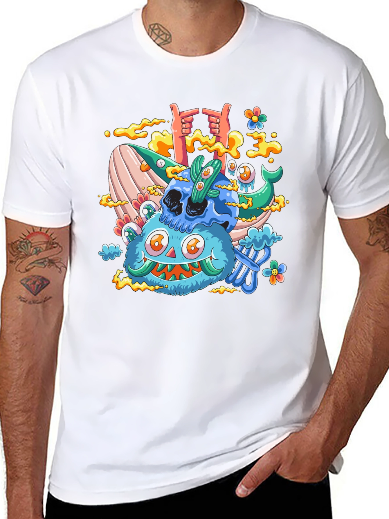 Cartoon Skull & Monster Black T-Shirt
