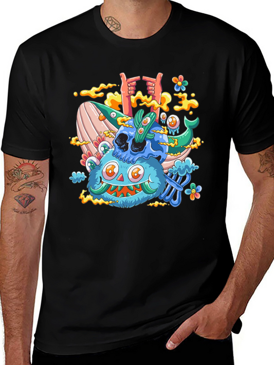 Cartoon Skull & Monster Black T-Shirt