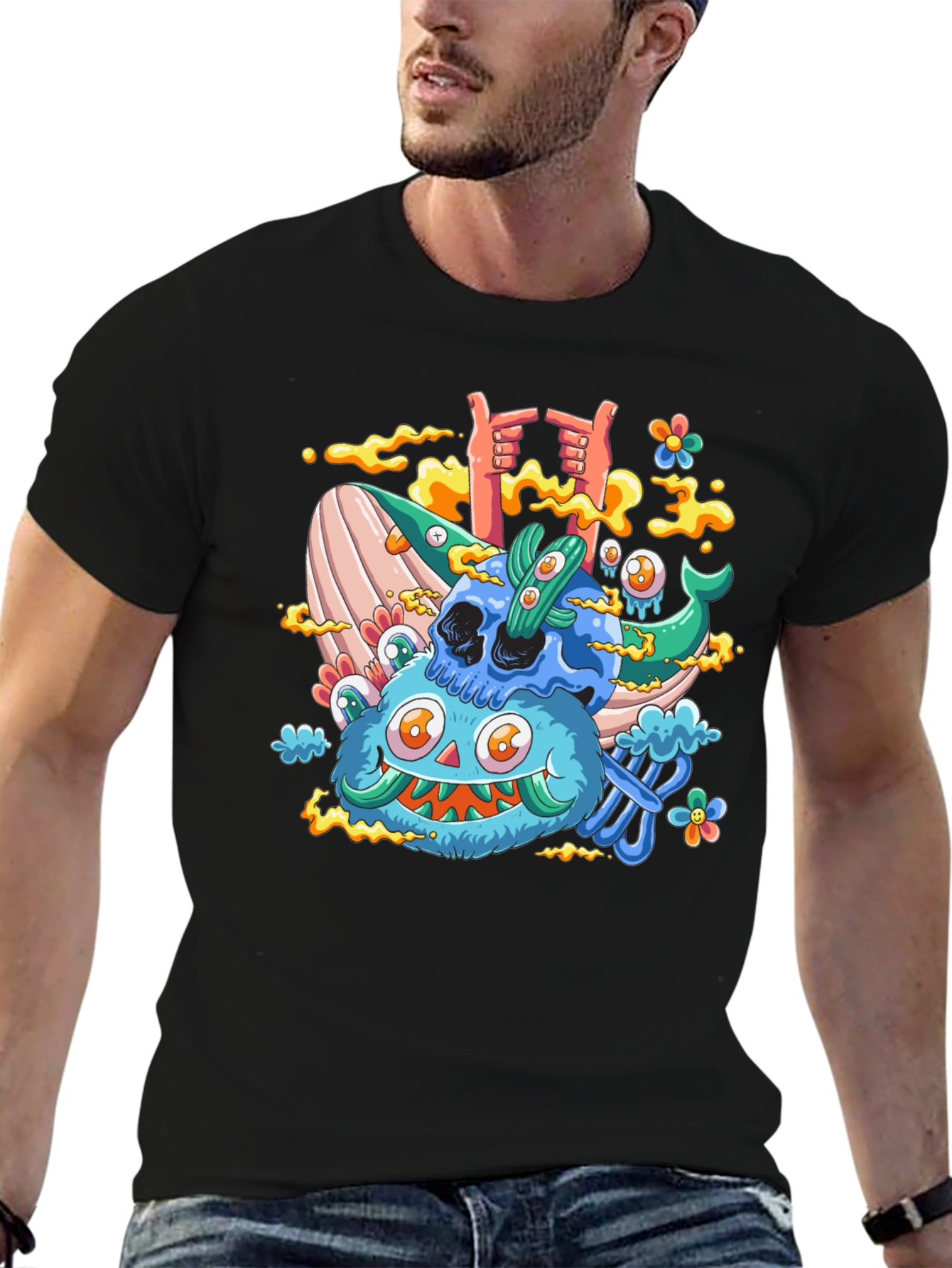 Cartoon Skull & Monster Black T-Shirt