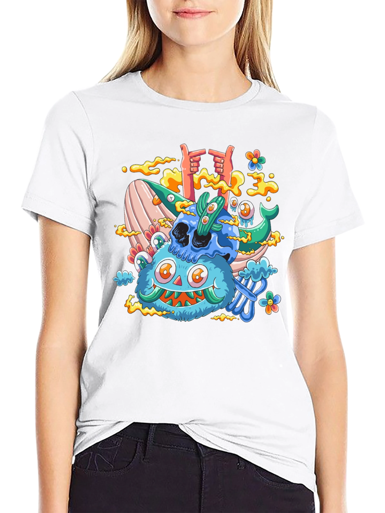Cartoon Skull & Monster Black T-Shirt