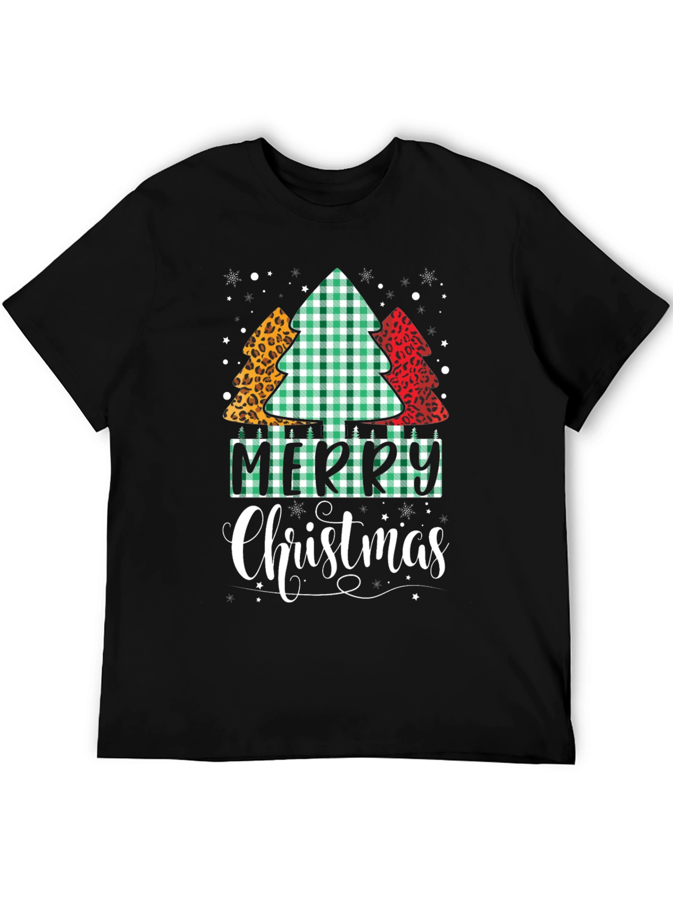 Merry Christmas Tree Pattern Black T-Shirt