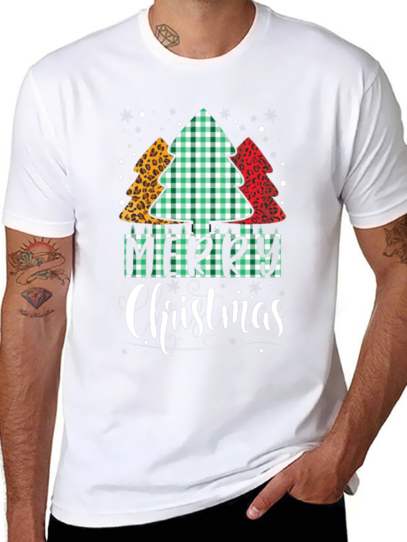 Merry Christmas Tree Pattern Black T-Shirt