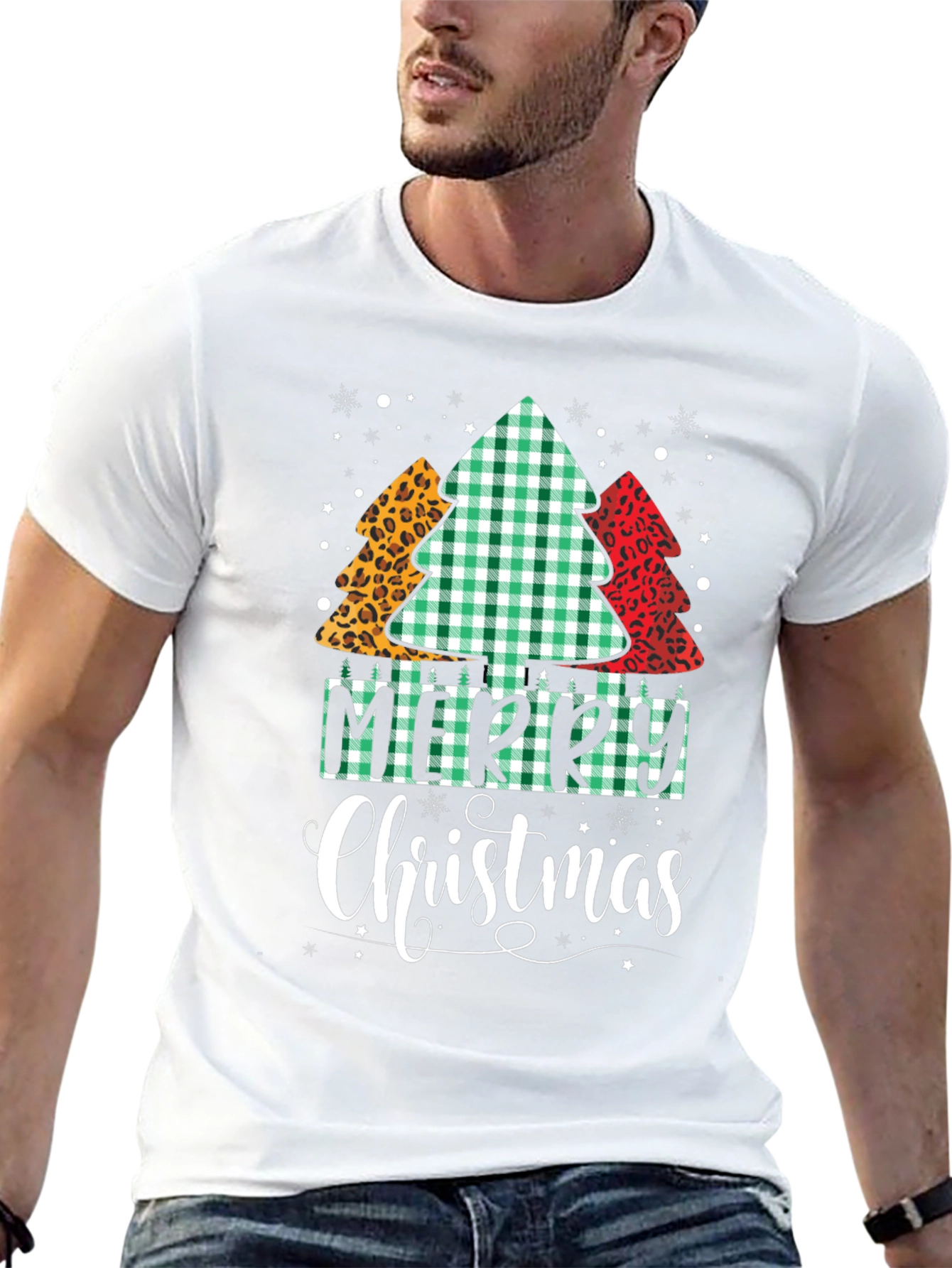 Merry Christmas Tree Pattern Black T-Shirt