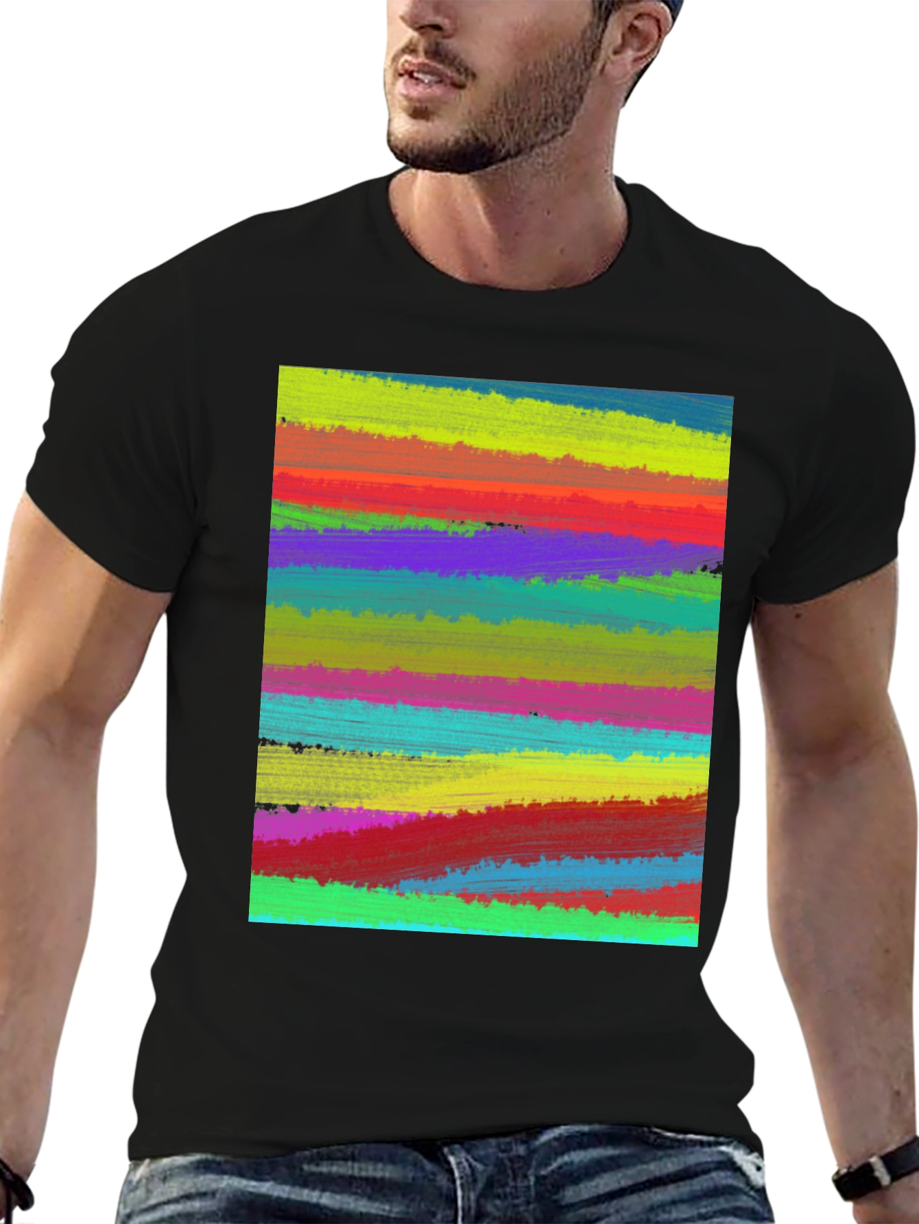 Abstract Painted Stripes Mens Black T-Shirt