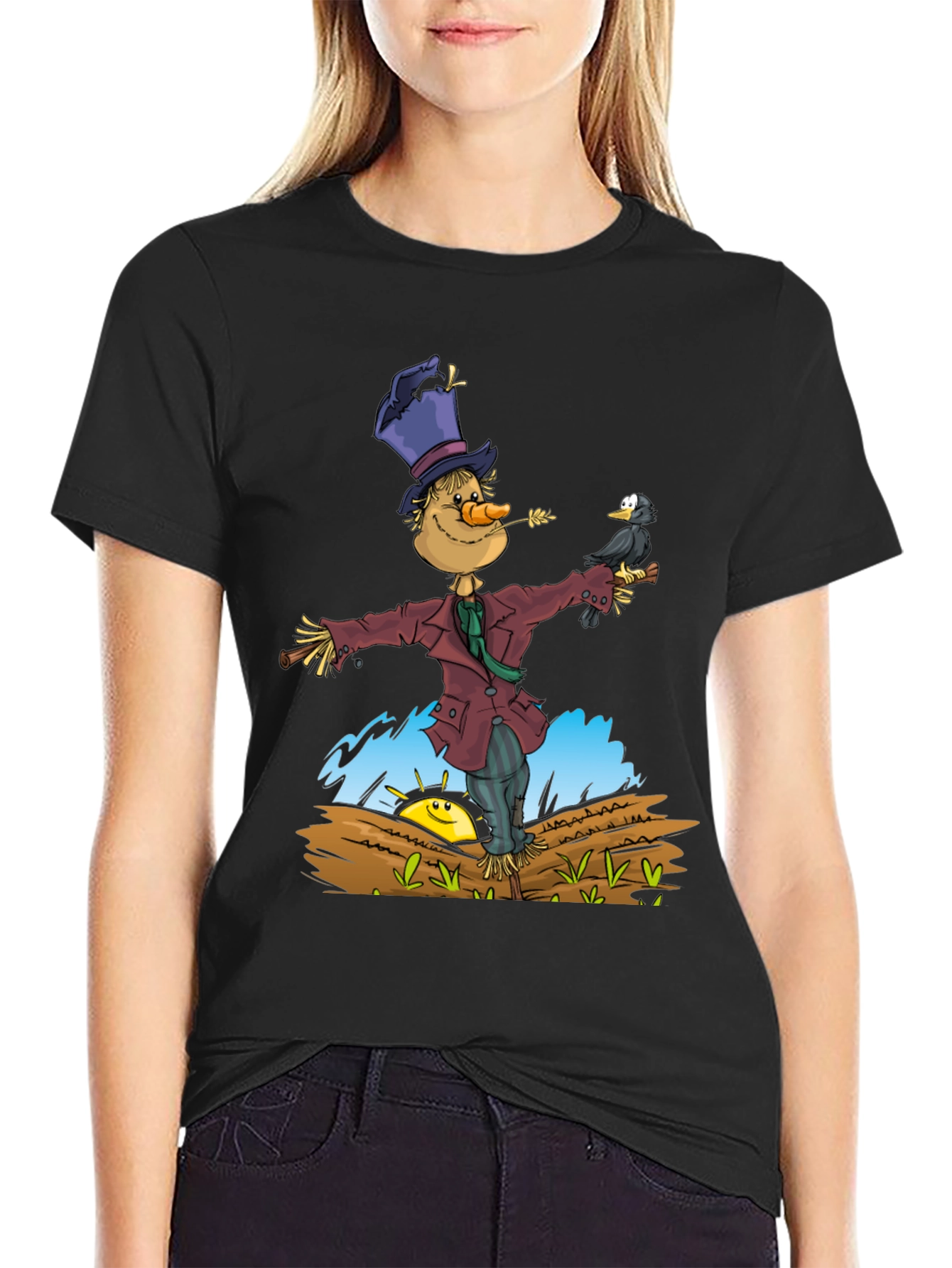 Scarecrow & Crow Graphic Tee - Black Cotton T-Shirt
