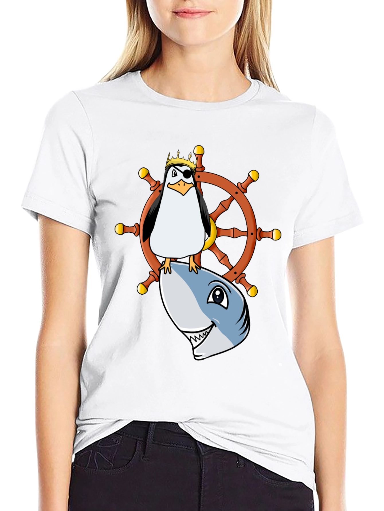 Pirate Penguin Shark Helm Funny T-Shirt