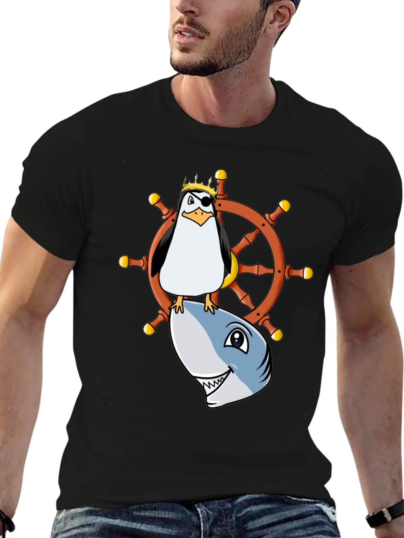 Pirate Penguin Shark Helm Funny T-Shirt