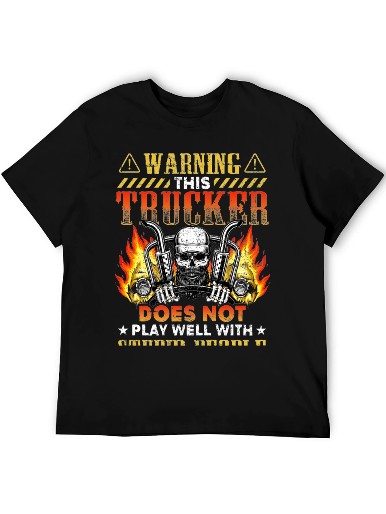 Warning Trucker T-Shirt: Skull & Flames Design