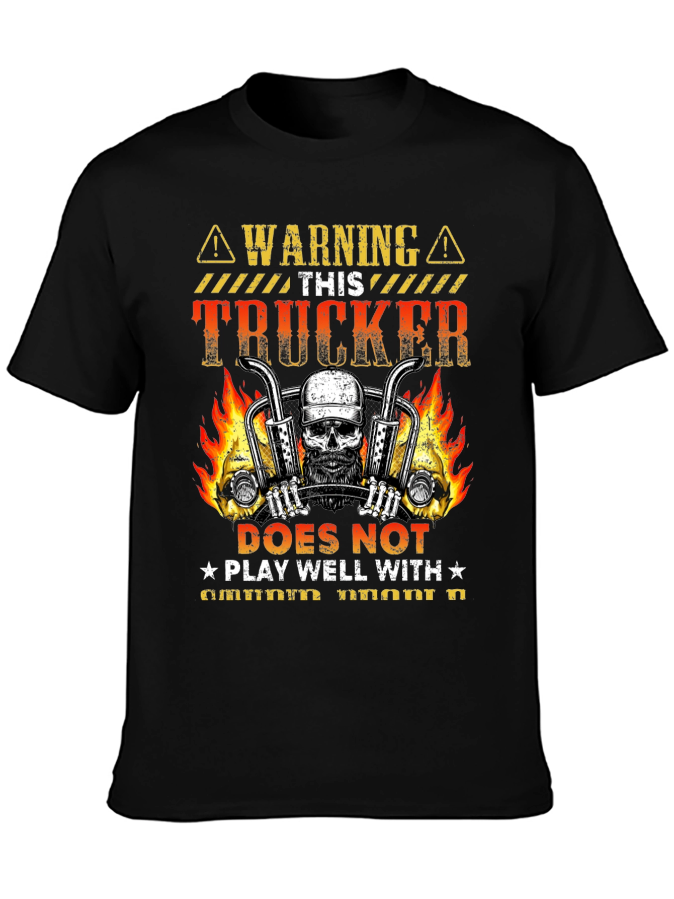Warning Trucker T-Shirt: Skull & Flames Design