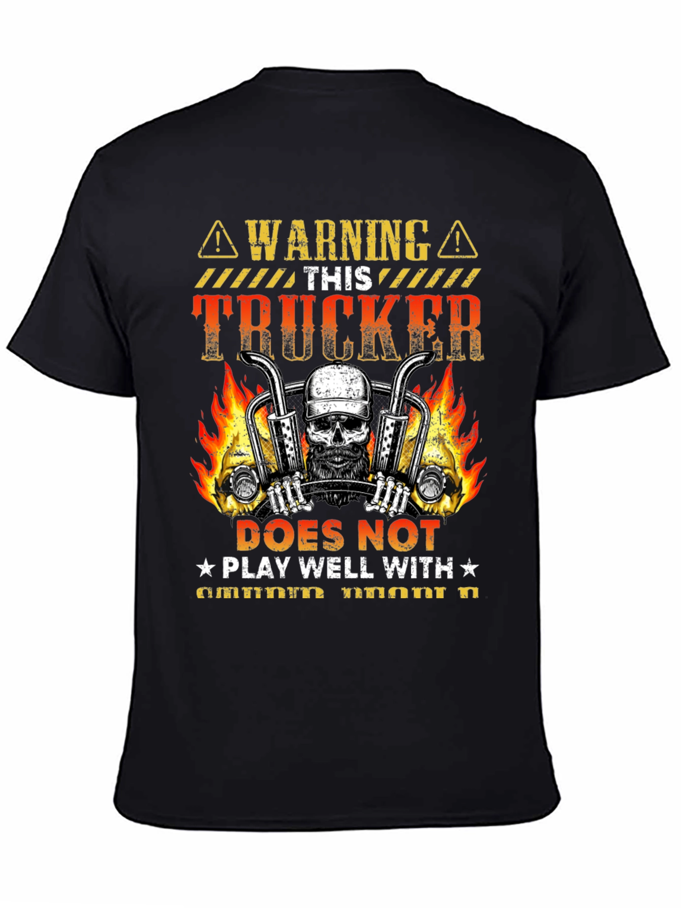Warning Trucker T-Shirt: Skull & Flames Design