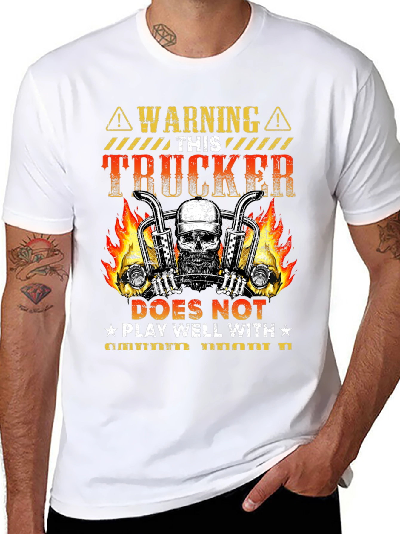 Warning Trucker T-Shirt: Skull & Flames Design