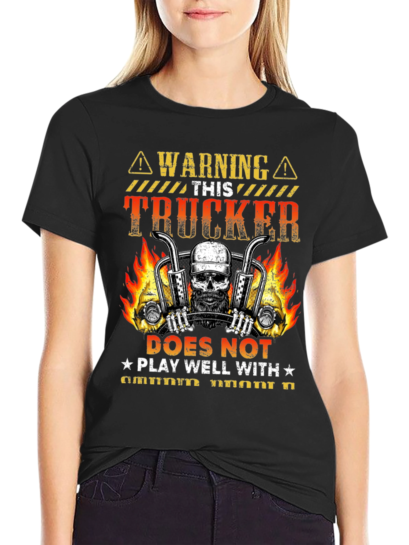 Warning Trucker T-Shirt: Skull & Flames Design