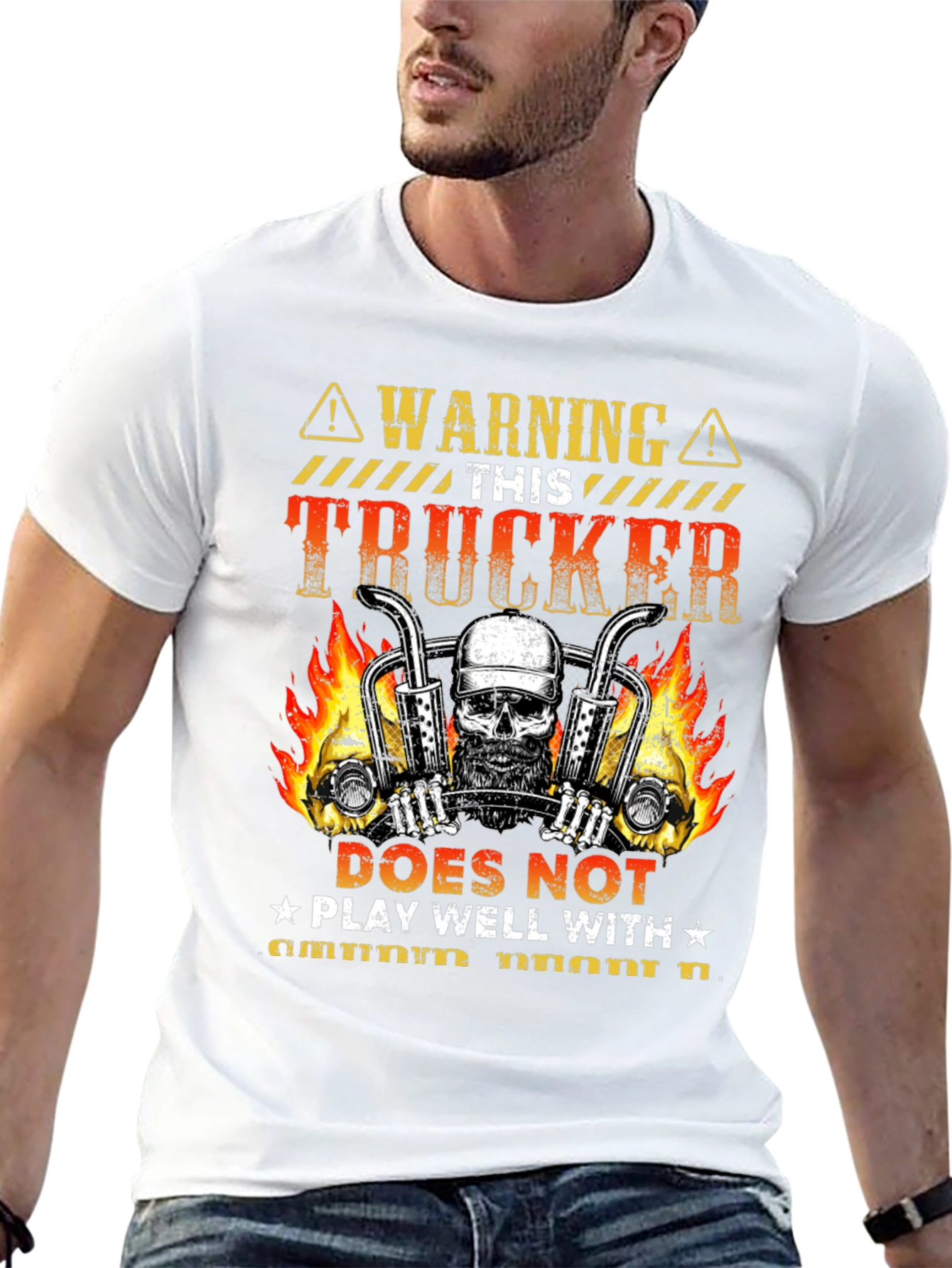 Warning Trucker T-Shirt: Skull & Flames Design